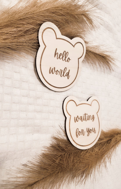 hello world und waiting for you Holzschild im Bärenstil